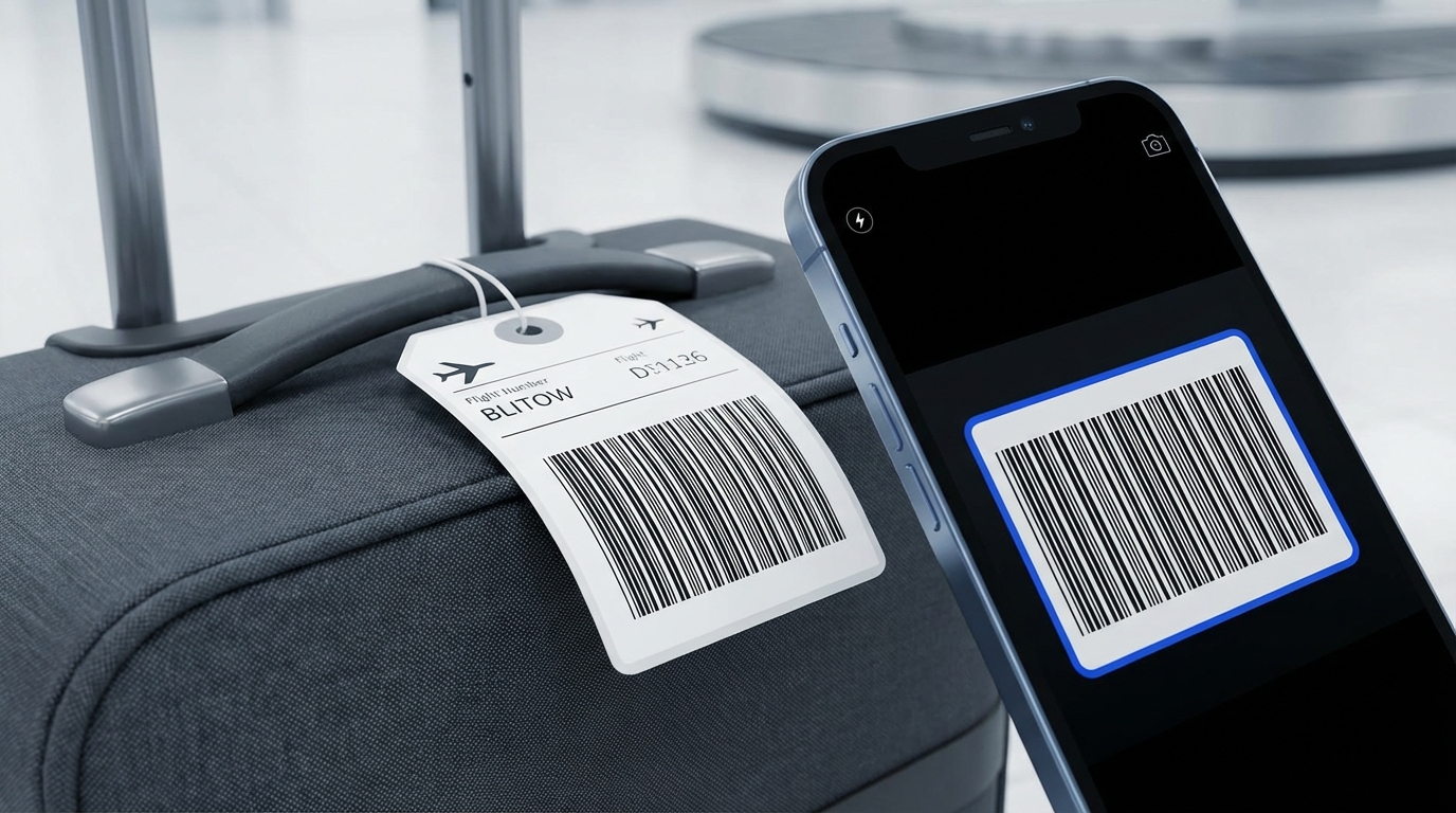 Passenger scanning a baggage tag barcode with a phone while preparing a delayed baggage reimbursement claim