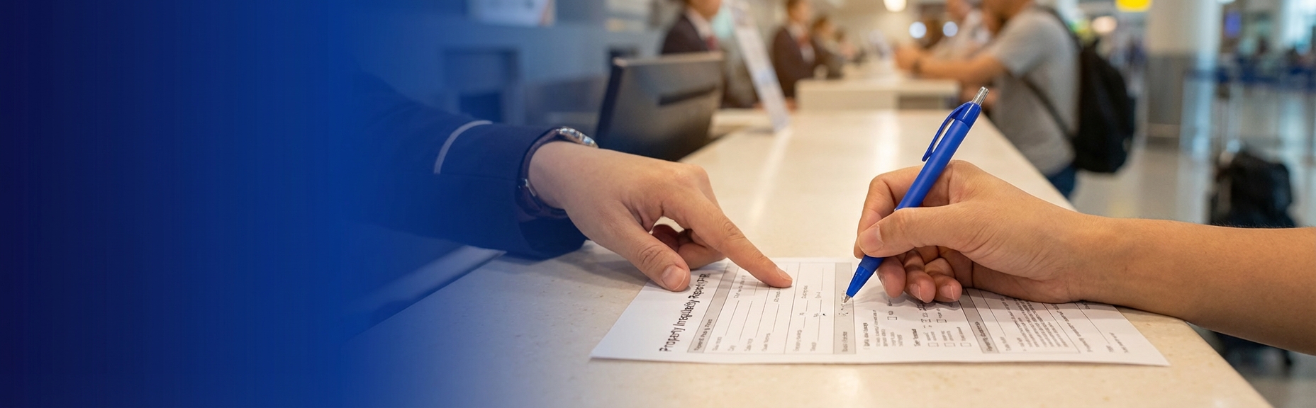 Passenger completing an Emirates baggage report at the airport counter