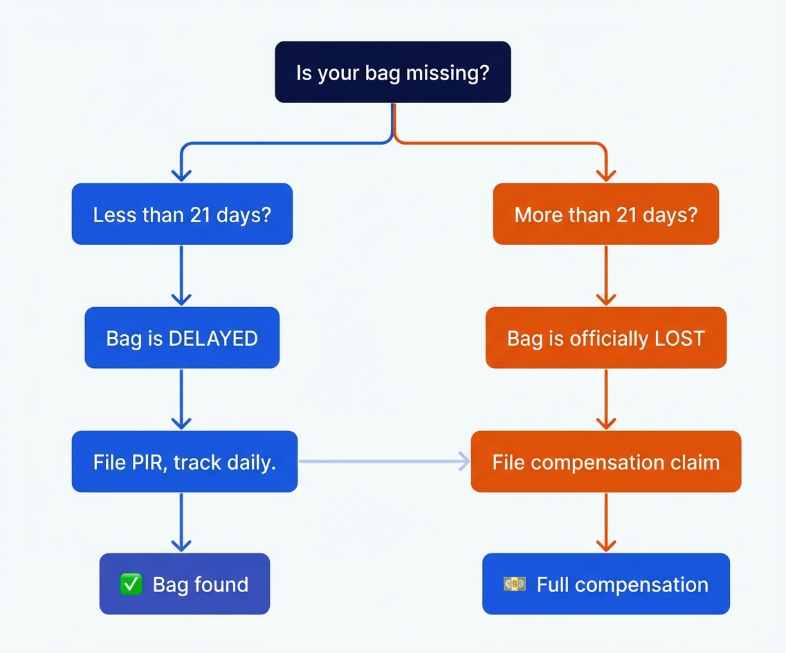 Decision flowchart - is your bag delayed or officially lost after 21 days
