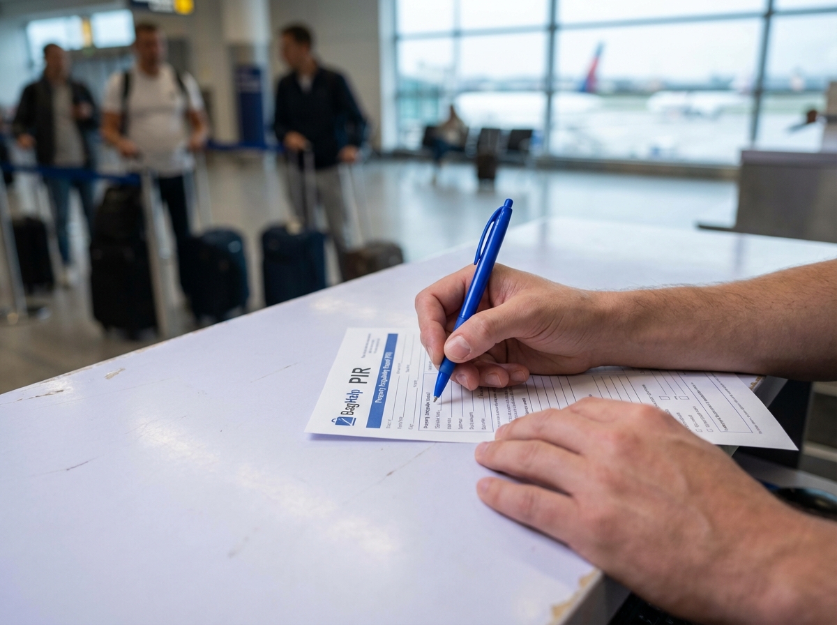Passenger filling out PIR form at airport baggage desk